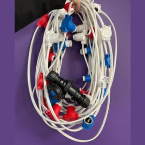 25m Union Jack festoon lighting hire with red white and blue lamp holders
