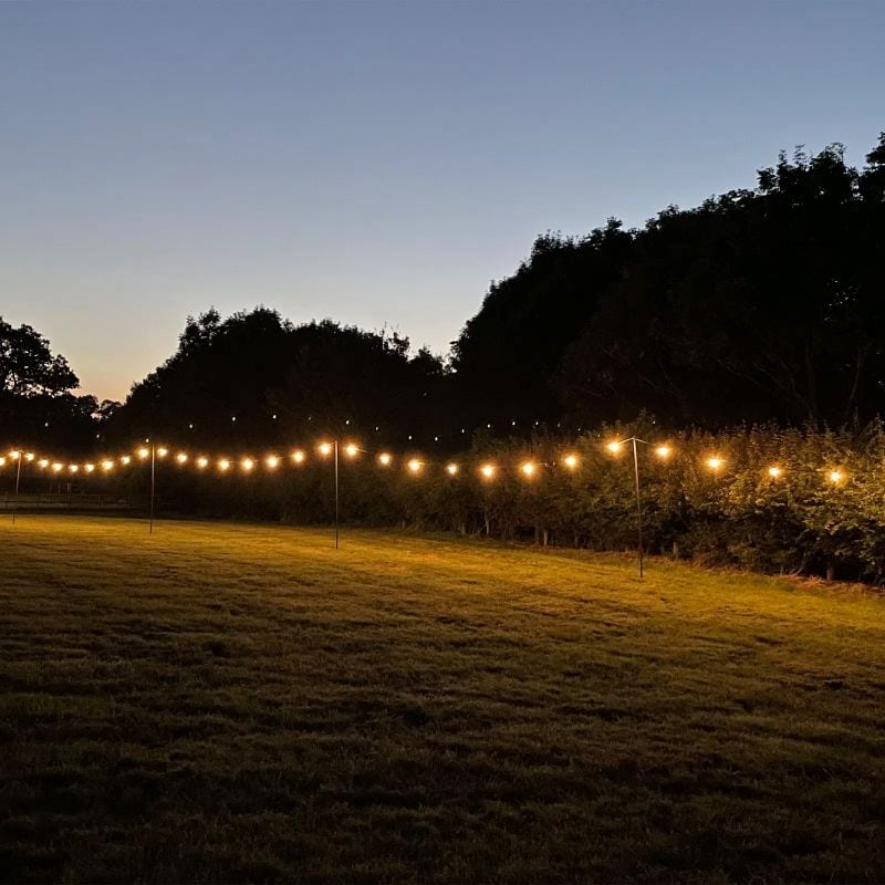 Professional festoon lighting hire set up across an outdoor garden event space